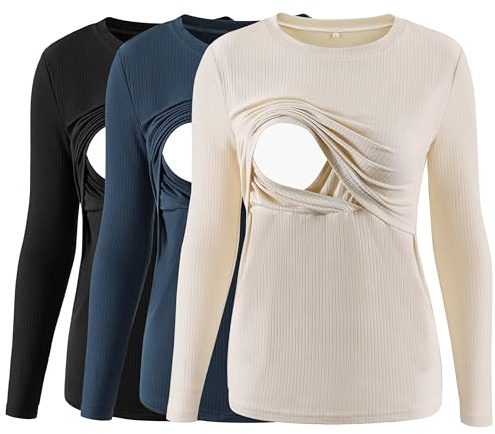 Love2Mi Pack de 3 T-shirts d'allaitement pour femmes, manches longues côtelées, T-shirts de maternité double couche, vêtements de grossesse, XXL
