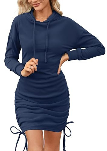Aottori Felpa Lunga Donna con Cappuccio Slim Fit Abito Felpe Casual Chic Mini Abito a Maniche Lunghe Autunno Inverno Hoodie Vestito Regolabile Blu Scuro S