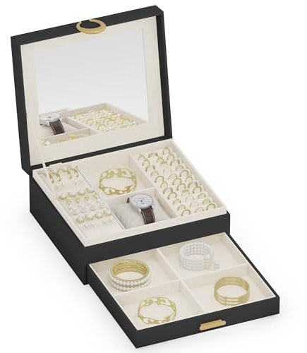 ADEL DREAM 2-stöckig Schmuckkästchen Schmuckaufbewahrung mit ausziehbarem Tablett Schmu Organizer mit großem Spiegel mit DIY-Struktur,für Halsketten,Ringe,Ohrringe,Mütter und Mädchen Schwarz