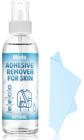 Miioto Disolvente Pegamento Vendas, 60ml Pflasterentferner Spray + 12 * 12 Cm Toalla, Eliminador Adhesivo Spray, se Disuelve Rápidamente se Puede Quitar Fácilmente