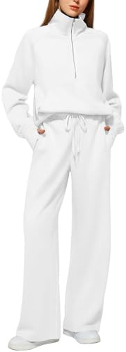 ticticlily Tuta Donna Sportiva Completa 2 pezzi Tute da Ginnastica Felpa Scollo V con 1/2 Cerniera Pantaloni Gamba Larga Dritta Vita Alta Completi Sportivi Jogging Invernale A Bianco XS