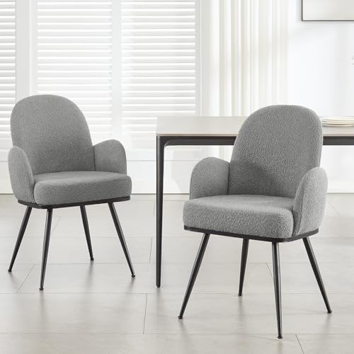 Bekrvio Upholstered Dining Chairs Set of 2, Boucle Teddy Mid-Century Modern Kitchen Chairs with Arms and Sturdy Metal Legs for Dining Room, Living Room, Bedroom Kitchen Corner