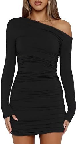 AMABILEMIA Vestito Donna Corto Invernale Mini Abito Elegante Maniche Lunghe Tubino Sexy Nero Monospalla Vestiti da Sera Inverno AM223 (IT, Testo, M, Regular, Regular, Nero)