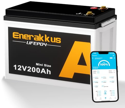 Enerskus 12V 200AH LiFePO4 litiumbatteri i ministorlek, 2560Wh Bluetooth-batteri, 200Ah BMS med lågtemperaturskydd, max. 15 000 laddningscykler i 10 år, för husbilar, solcellssystem, båtar, camping