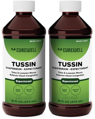 CUREWELL Tussin Guaifenesin Liquid | 100 mg Expectorant Syrup | Alcohol-Free & Sugar-Free | Cough and Cold Relief | Chest Congestion Relief | Thins & Loosens Mucus, 16 fl oz Pack of 2