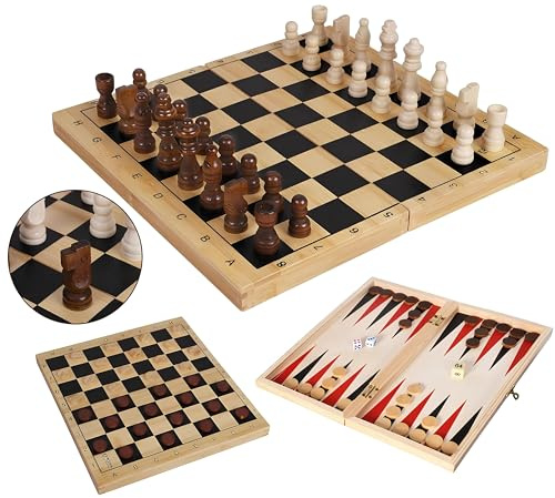 Scacchi Dama Backgammon Scacchiera in Legno Pieghevole Set 3 in 1 cm 29x29 con Pezzi Pedine Dadi in Legno Chess Checkers Backgammon Board Gioco da Tavolo Portatile Set Scacchi Dama Backgammon