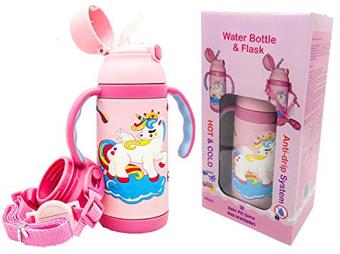 ABC KIDS UK - Double Walled Vacuum Insulated Water Bottle Flask with Straw, Handles and Strap All in One, Stainless Steel Thermo, Leak-Proof, BPA-Free, 12.8oz(380ml) - (Unicorn Pink)