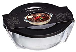 Ritzenhoff & Breker Cucina Auflaufform, Runde Ofenform mit Frischhaltedeckel, 1450 ml, Spülmaschinenfest, Glas/Kunststoff, Transparent/Schwarz