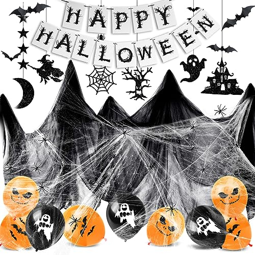 Halloween Deko Set, Gruselig Party Stoff, Horror HAPPY HALLOWEEN Girlande,Halloween Dekoration Set, Halloween Latexballons,Hängende Spiralen, Fledermäuse, Spinnen, Spinnennetz, Geistervorhang