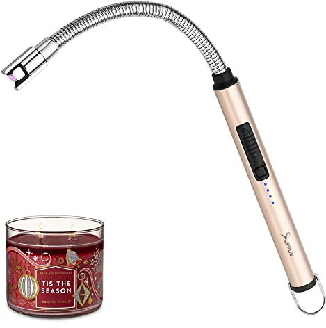 SUPRUS Allume-bougie rechargeable, briquet à arc électrique, triple briquet de sécurité, boîtier en acier inoxydable et crochet de suspension avec col flexible à 360° (or)