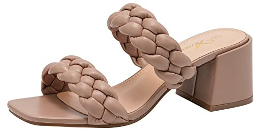 Athlefit Women's Braided Heeled Sandals Strappy Square Open Toe Heels Backless Mules Slip On Block Heels Nude Size 7