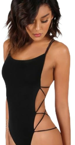 KOEMCY Body Mujer Sexy Backless Bodies Vestir Sin Mangas Body Mono Elegante Bodysuit de Negro Mujer Top, M