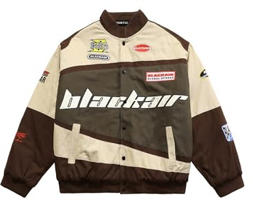 Vamtac Mens Varsity Baseball Jacket Bomber Cotton Vintage Racing Coats Streetwear with Pocket Brown S