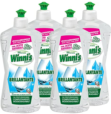 Winni's Naturel Brillantante per Lavastoviglie con Aceto Naturale Bio Ipoallergenico Materie Prime Origine Vegetale Completamente Biodegradabili - 4 Flaconi da 250ml