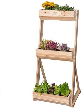PFLANZENHOLZ® Premium hochbeet 3 etagen 113x60x42 cm, Pflanzentreppe aus Zedernholz - Platzsparendes Holz Hochbeet für Balkon und Garten - Pflanzenregal inkl. Vlies und Kupferdesign Stecknadeln