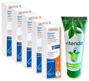 Nasenspray Ratiopharm 5x15ml inclusive einer Handcreme von vitenda - die zuverlässige Lösung bei Schnupfen mit verstopfter Nase, befreit schnell und effektiv