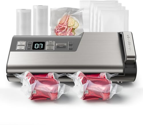 Mesliese Máquina selladora al vacío, 95 kPa 140 W, sellador de alimentos con una sola mano, tira de doble sellado con cortador integrado y pantalla de cuenta regresiva, 2 rollos de bolsa, 5 bolsas