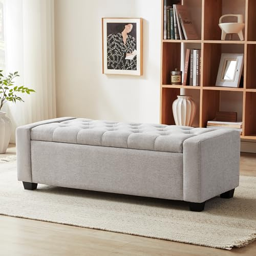 Huatean Home 48 Ottoman with Storage, Storage Ottoman Bench with Safety Hinge, Upholstered Entryway Bench with Seating for Bedroom, Living Room, Holds up to 330 lb(Light Gray)