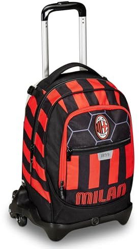 Seven Trolley école Jack 3 roues, rouge et noir, A.C. Milan football, rouge noir - 3 en 1, triple usage, sac à dos avec chariot détachable, poche porte-bouteille et système croisé, sac à dos scolaire