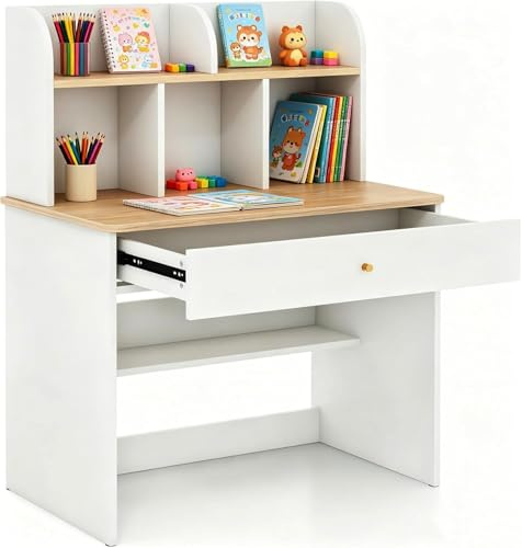 LIFEZEAL Scrivania per Bambini 3+Anni, Scrivania Cameretta, 80x48 cm, con Cassetto, Libreria, Porta PC, Computer, Banco Scuola, Tavolo da Studio, in Legno, Giocare, Studiare, Multiattività (naturale)