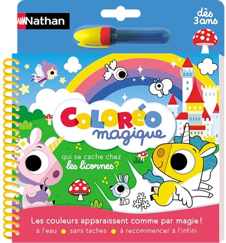 Nathan - Coloréo Magique Licornes, Livre de Coloriage Magique, Dessin à l'Eau, Réutilisable, Stylo à Eau, Enfants dès 3 ans