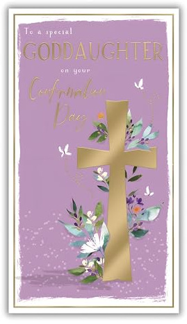IC&G Special Goddaughter Confirmation Day Congratulations Card - Confirmation Congratulations Card for Girls with Floral Cross and Butterfly Design and an Embossed Foil Finish