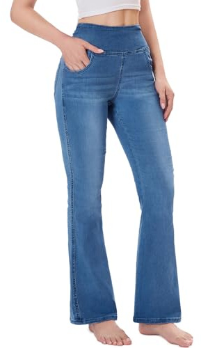 Chasehot Pull on Flare Jeans for Women, Trendy Stretchy High Waisted Bell Bottom Skinny Boot Cut Jeans Legging for Women Medium Wash-XL