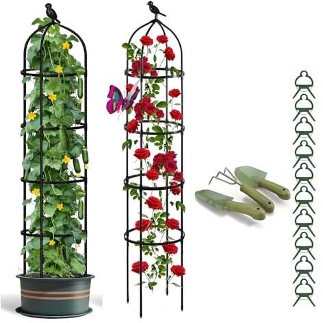 Obélisque de Jardin Acier Tuteur Treillis Plante Grimpante, Support Tour Métal Colonne Rosiers pour Intérieur Extérieur Terrasse D 25 28 32 36 40cm, Offre Une Pelle Pinces À Plantes(Black,D36xH165CM)
