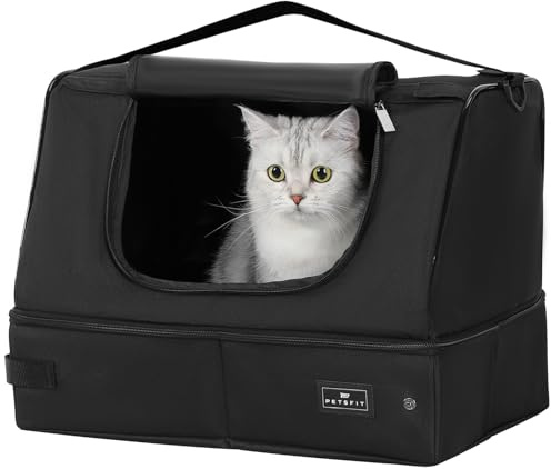PETSFIT Portable Travel Cat Litter Box – Collapsible, 2-Layer Leak-Proof Washable Liner with Sturdy Support Frame, for Hotel/Car/Camping, Cat Travel Essentials for Kitty/Medium Cats Solid Black