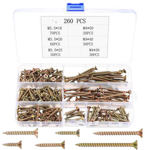 260 pezzi set di viti universali, set di viti per legno, assortimento di viti a testa piatta svasata, assortimento di viti a croce, viti autofilettanti per muratura mobili legno