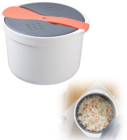 Cuocere per riso a microonde, in plastica, per uso alimentare, con rivestimento antiaderente, per riso e pasta, con paletta di riso, coperchio, colino e pentola a vapore per