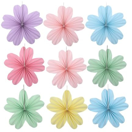 WUSJCOF Décoration de Fête, 9 Pièces, Lot de Fleurs en Papier, Guirlande Papier, Pompon Papier de Soie, Éventails, Décoration festive,pour Anniversaires, Mariages (Couleur Macaron)