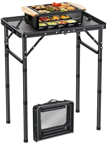 EYPINS Mesa Plegable Portátil para Barbacoa 58x40cm, Mesa Plegable Camping con 3 Alturas Ajustables (25/50/70cm), Superficie de Malla de Aluminio, Ignífugo e Impermeable, para Camping,Jardín,Fiestas