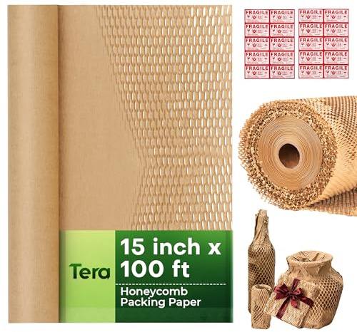 Tera Honeycomb Packing Paper Eco-friendly: 15x100' Honeycomb Cushioning Wrap Roll for Moving Shipping Packaging Gift Recyclable Moving Supplies Substitute for Bubble with 20 Fragile Sticker Labels
