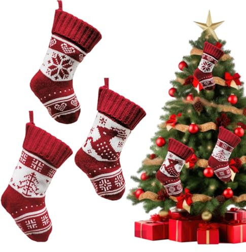 JYNXOR Calze Natalizie da Appendere Set di 3, Piccole Regali Calza Befana Vuota Personalizzata Calze di Natale Rosso Maglia, Piccoli Calzini di Natale di Camino per Decorazioni Albero Natale