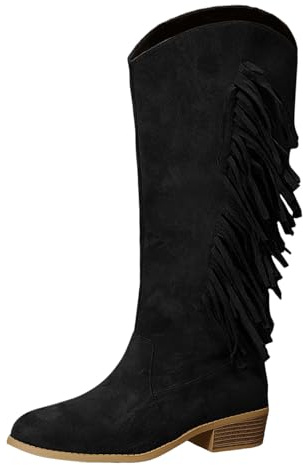 Generisch Bottes d'équitation d'hiver décontractées pour femme - Couleur unie - Pompon en daim - Grande taille - Talon bloc - Mi-mollet - Bottes longues, Noir , 38 EU