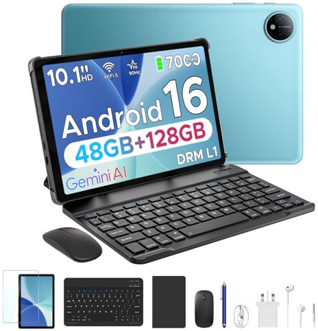 POPUX P10 Tablet 10 Zoll, 48 GB RAM + 128 GB ROM, Tablet Android 16 mit Gemini AI, 7000 mAh, Unisoc T310 Quad-Core, 90 Hz, 8 MP + 5 MP, doppelte Lautsprecher, Kopfhörer, Tablet mit Tastatur, Stift