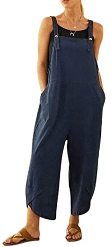 Vevesmundo Dam Overall Sommar Hängselbyxor för Kvinnor Ärmlös Säckig Bomull Lång Retro Lösa Breda Jumpsuit Playsuit Dungarees Med Fickor 34 36 38 40 42 44 46 48 50