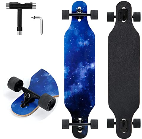 TLHB Longboard Skateboard, 41 Zoll Drop Through Longboard Komplett 9-lagig Nature Maple Premium Cruiser Longboard für Erwachsene, Jugendliche und Kinder - High-Speed-Kugellager & T-Tool-Night Sky