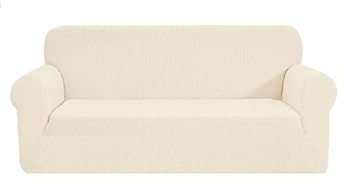 SAMSTEX Stylish Sofa Covers 4 Seater High Stretch 1-Piece Slipcovers Thick Soft Sofa Protector Machine Washable Non-Slip Couch Covers (Beige)