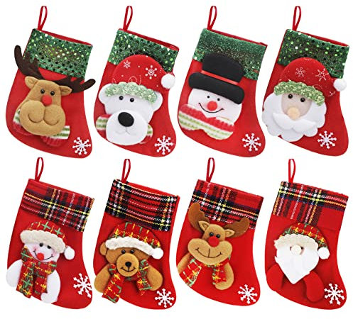 8PCS Mini Christmas Stockings Gift Treat Bags Small Christmas Stockings Santa Snowman Reindeer Xmas Stocking Hanging Christmas Stockings for Xmas Party Gift Filler Fireplace Christmas Tree Decoration