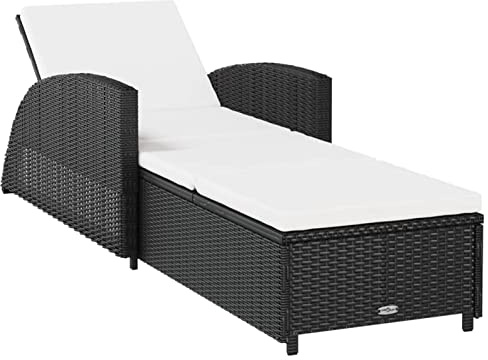 Gecheer Sun Lounger, Adjustable Backrest PE Rattan Black with Cream White Cushion, Foldable Outdoor Chair for Pool, Beach, Patio, Garden