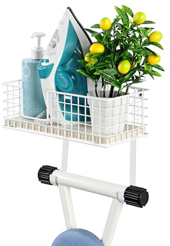 Support Mural pour Planche à Repasser, Support pour Fer et Planche à Repasser avec Grand Panier de Rangement en Bois et Crochets Amovibles pour buanderie