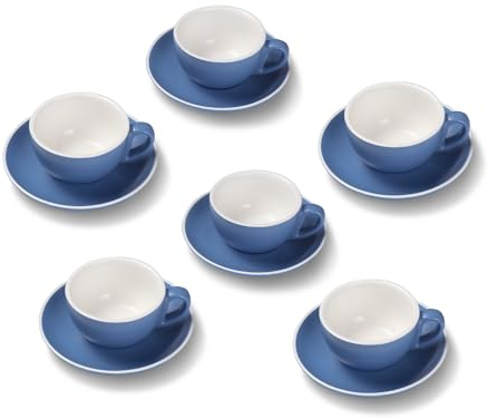 Terra Home 6er Cappuccino-Tassen Set - Blau, 200 ml, Matt, Porzellan, Dickwandig, Spülmaschinenfest, italienisches Design - Kaffee-Tassen Set mit Untertassen