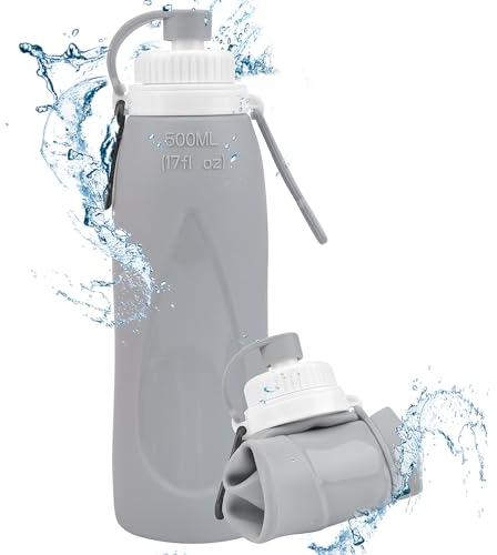 OdiuK Faltbare Trinkflasche Silikon Wasserflasche mit Filter 500ml Fahrrad Trinkflasche, Soft Flask Wasserflasche BPA-Frei Sportflasche für Fahrrad Wandern Fitness Camping (Grau)
