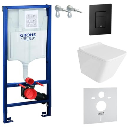 LAVITA Elemento da parete Solido + parete sospesa WC Lago bianco senza bordi + sedile WC SoftClose | pulsante nero | set completo | cassetta di risciacquo da incasso | WC completo | set completo |