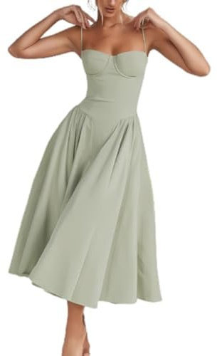 MJLOMJ Robe à Col Bardot,Robe à Bretelles Fines,Robe Corset pour Femmes UK Sans Manches à Col Bardot en A-Ligne avec Ourlet Plissé pour Femmes Robes Midi, Vert, XL
