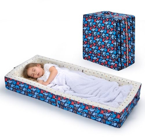 Umoving 100% Cotton Lining Portable Foldable Toddler Travel Bed - Soft Foam Floor Bed with Washable Cover, Safe and Comfortable Toddler Crib, Ocean Blue