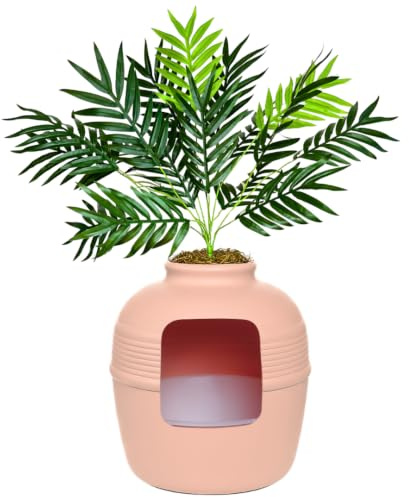 Good Pet Stuff Täckt kattlåda med konstväxt, dekorativ rund blomkruka, avtagbar låda, filter med aktivt kol för luktkontroll, lätt att rengöra, tillverkad i USA, grundläggande kit, rosa