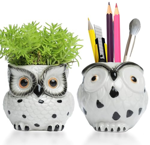 SE SUN-E Gufo in Ceramica Fioriera Mini Con Drenaggio Scorrevole Smalto Seriale - Vasi per Fiori, Erbe, Cactus, Piante Aria - Carino per Interni, Cucina, Finestra - Regali